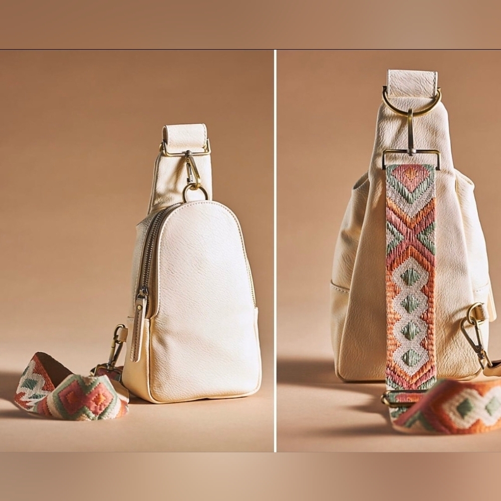 Urban Originals Cream Leather Sling Backpack with Patterned Webbing Strap